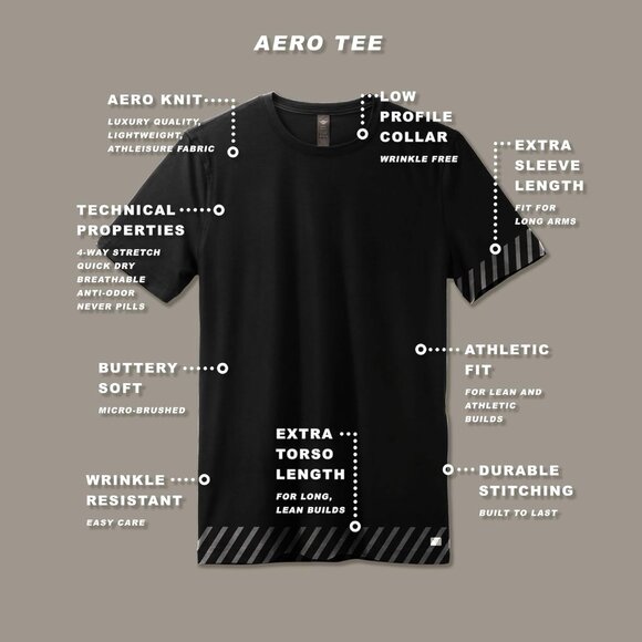 Slim Fit Aero Tee for Tall Men - Black Lightweight Athleisure - Picture 3 of 8